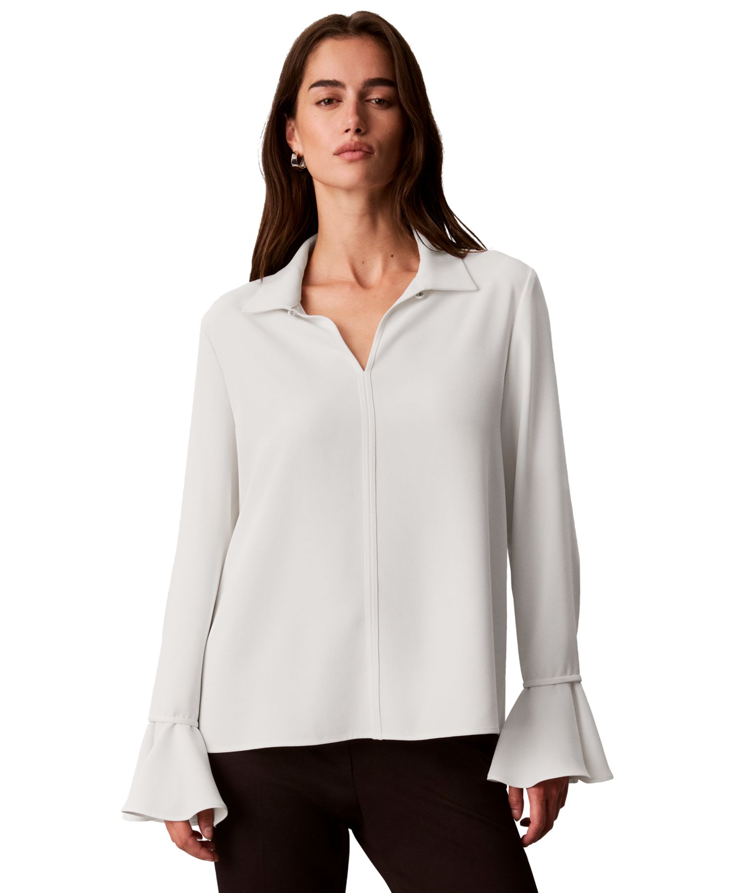 Women's Long-Sleeve Flutter-Cuff Keyhole Blouse