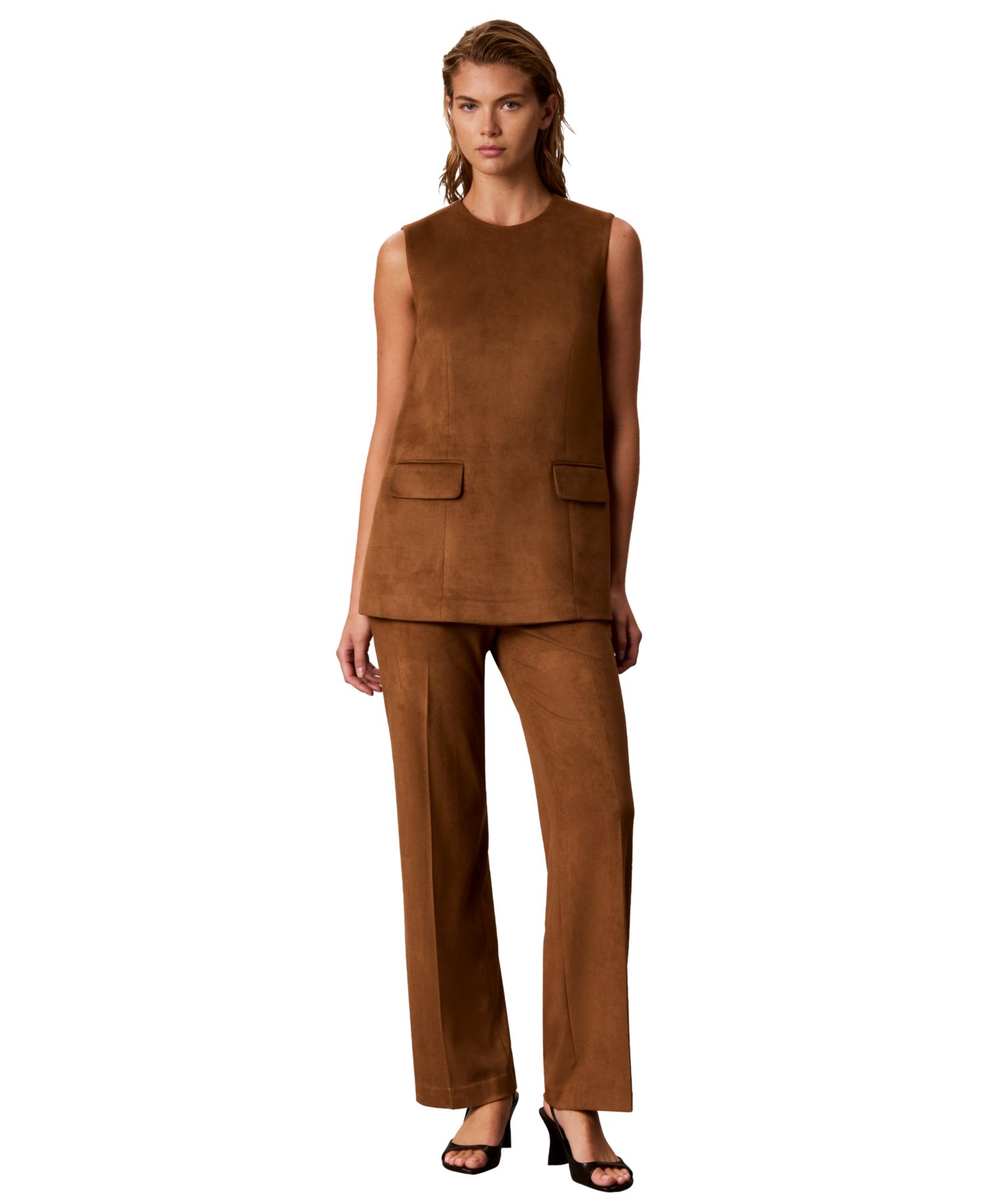 Women's Faux-Suede Back-Zip Pocket Sleeveless Blouse