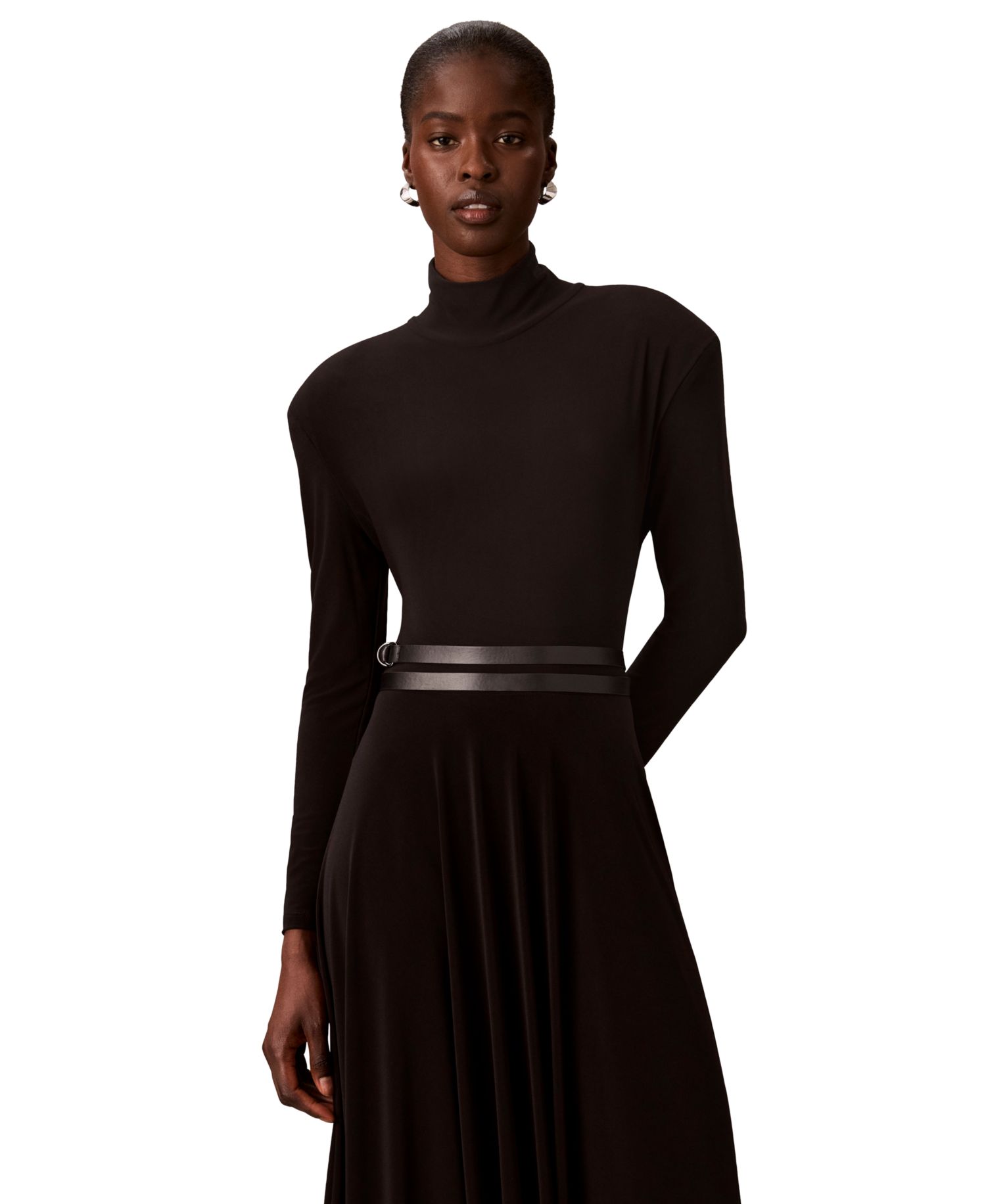 Petite Belted Long-Sleeve Turtleneck A-Line Dress