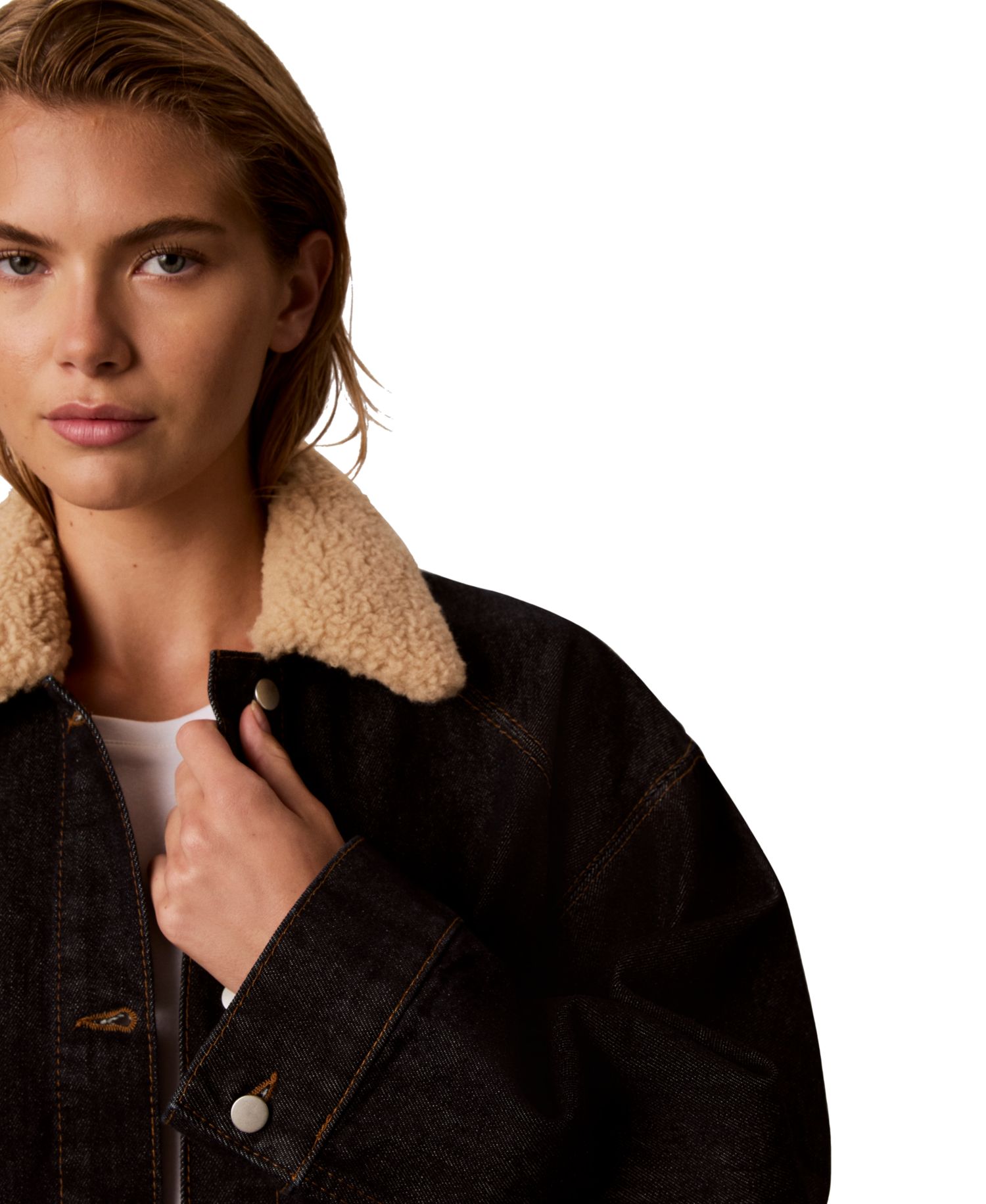 Women's Cropped Shearling-Collar Denim Jacket