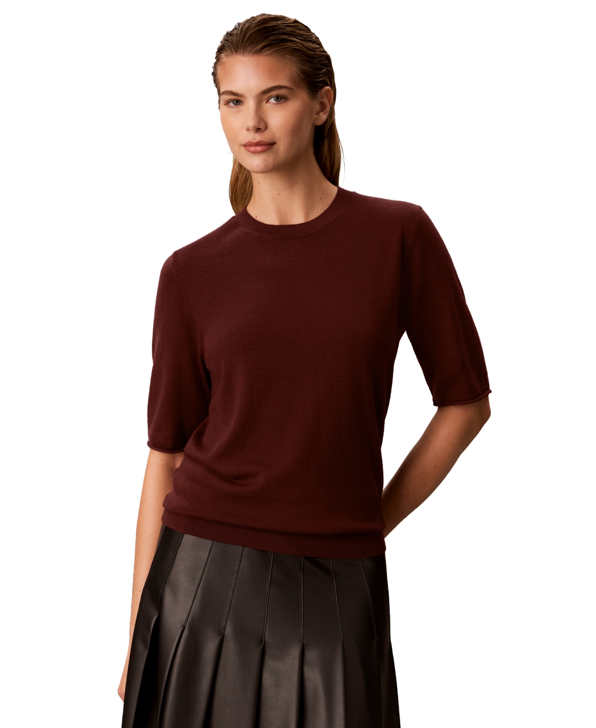Calvin Klein Women's Roll-Tab Short-Sleeve Crewneck Sweater - Mahogany Red