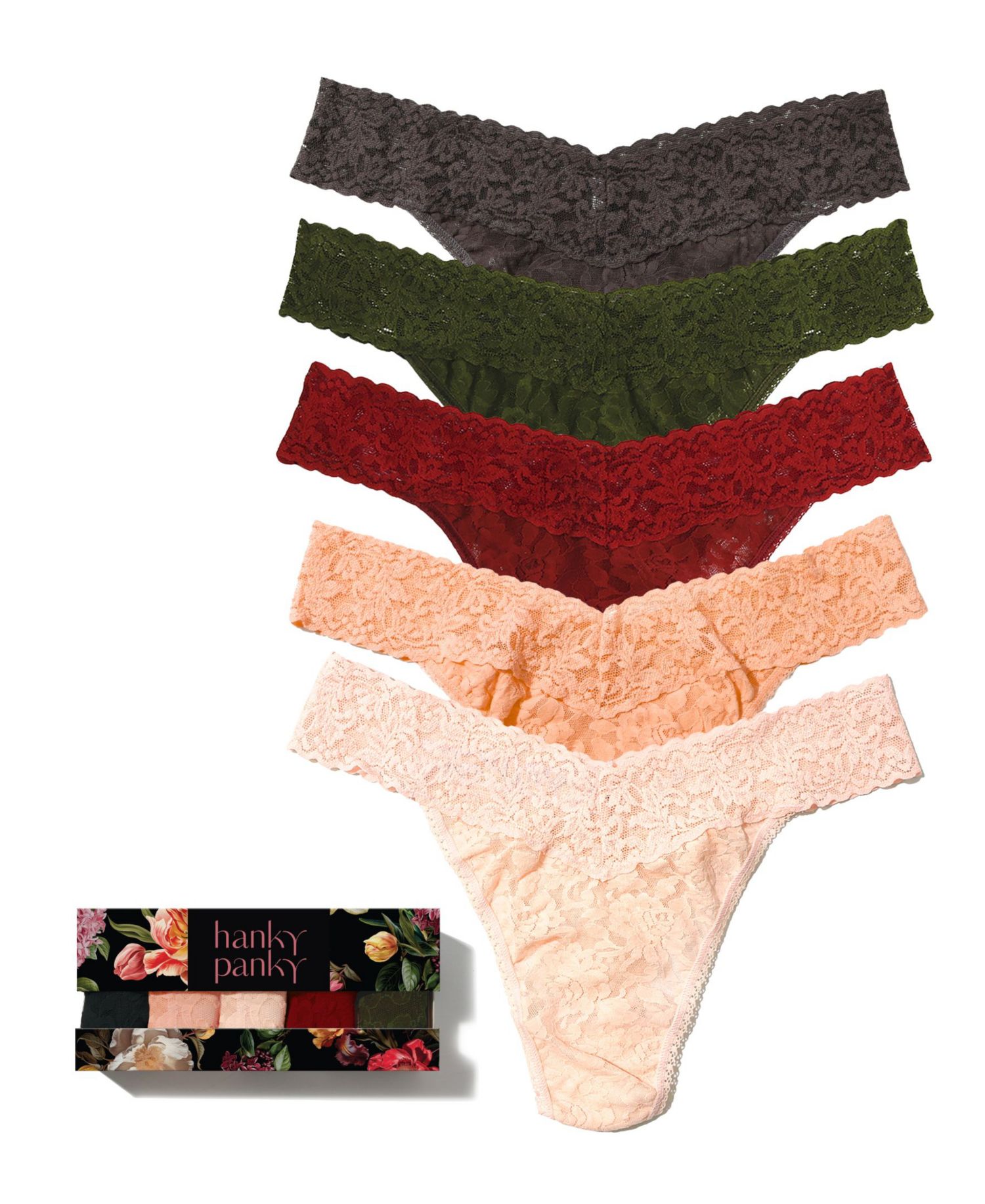 Signature Lace Floral-Print V-Front Thong, 5-Pack