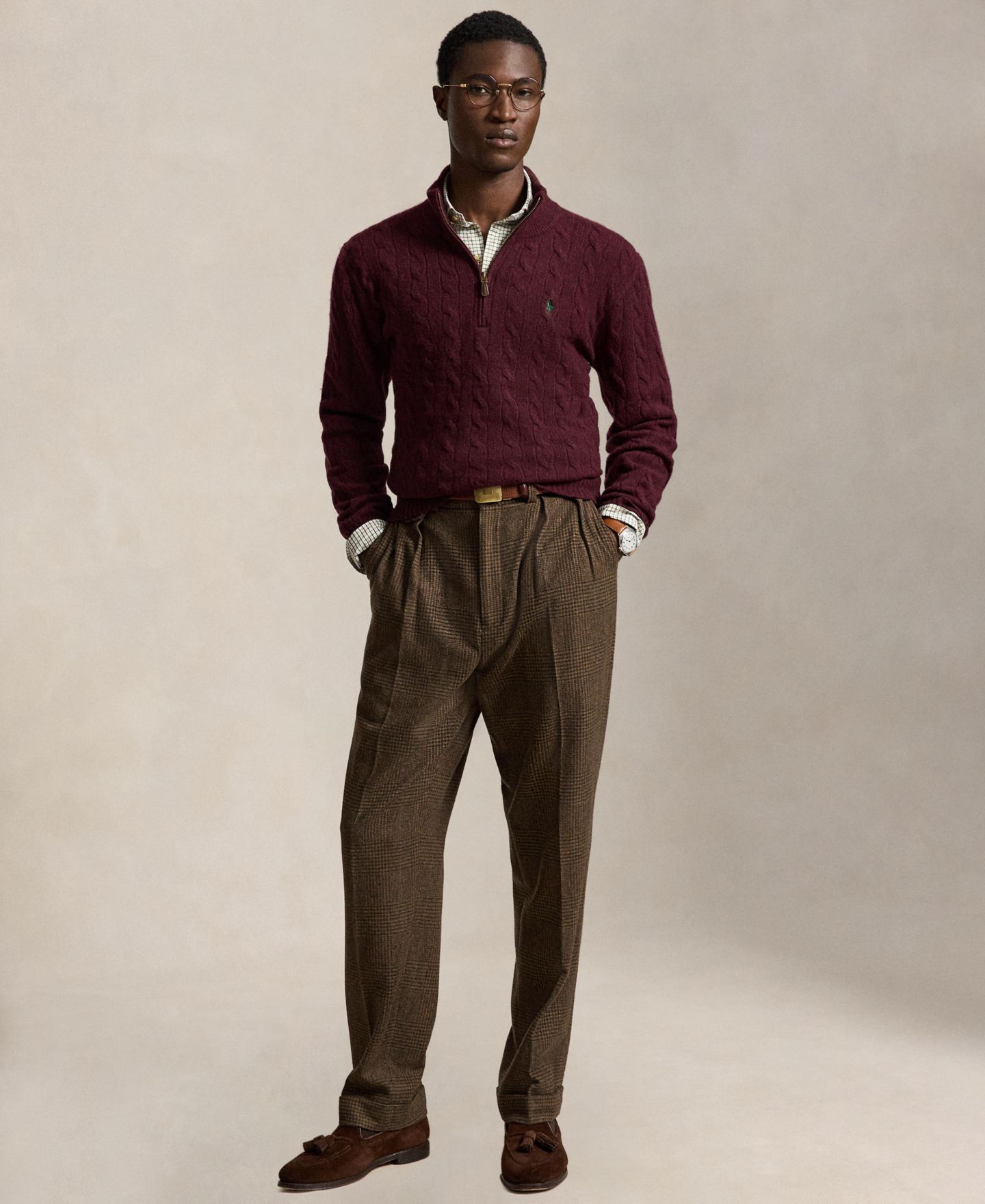 Мужской свитер Polo Ralph Lauren Cable-Knit Quarter-Zip, цвет: Винный меланжевый — фото 2