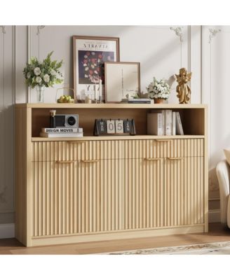 Fluted Buffet Sideboard Cabinet, Modern Wooden Storage Hutch with 2 Drawers, Adjustable Shelves, Coffee Bar Cabinet