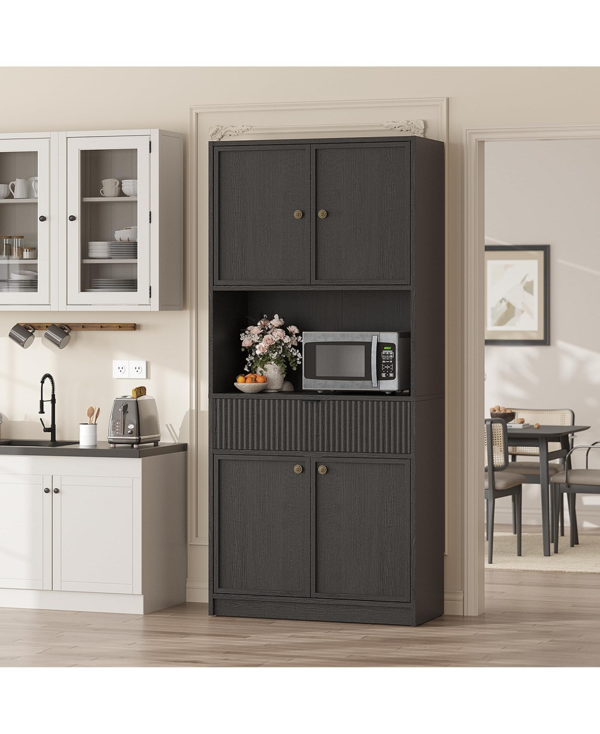 Gaomon Kitchen Pantry Cabinet, 70" Tall Storage Cupboard with Microwave Countertop, Drawer and Adjustable Shelves for Dining Room