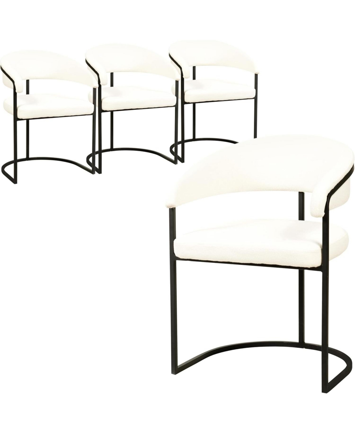 LeisureMod Leather Dining Chair Set of 4- Upholstered Kitchen Accent Chair with Curved Open-Back Design, Padded Seat, and Iron Frame - White