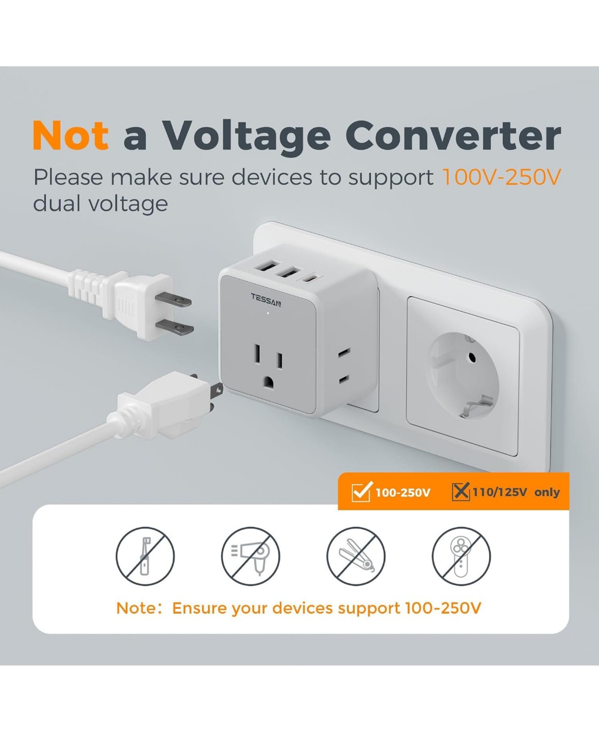 Tessan European and Italy Travel Plug Adapter with 3 Outlets and 3 Usb Ports