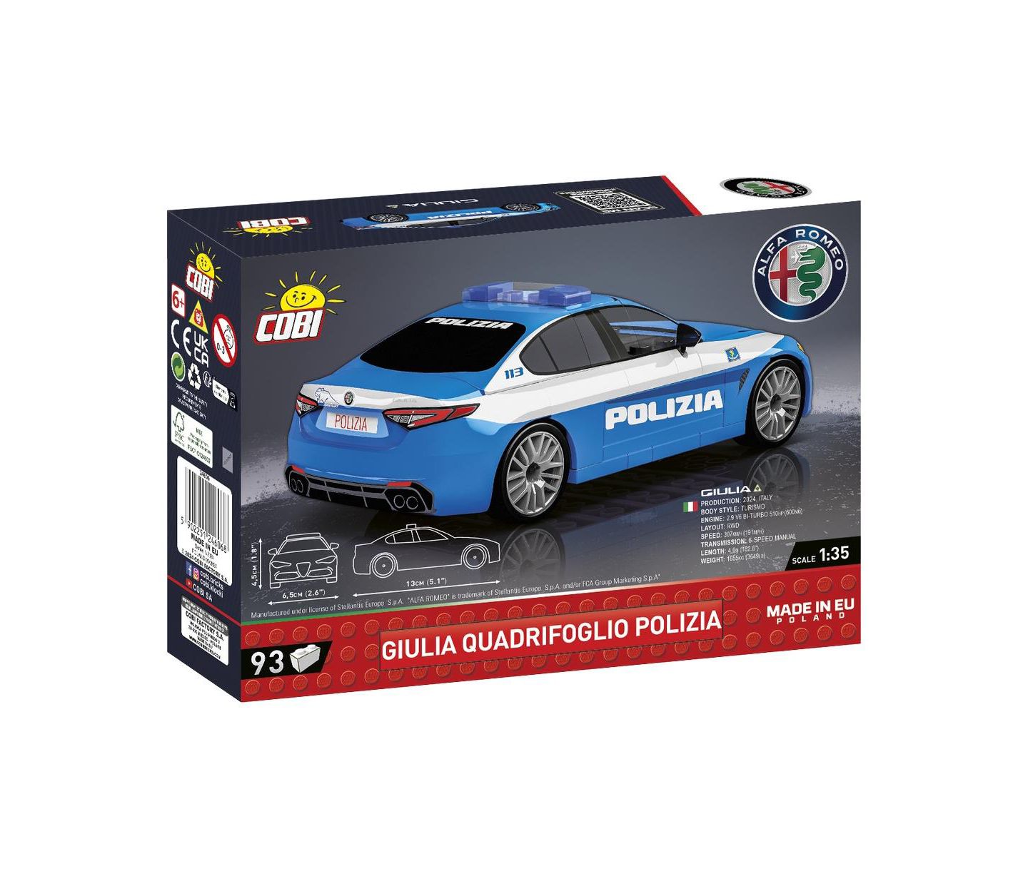 Детский конструктор COBI Alfa Romeo Giulia Quadrifoglio Polizia 93-Piece Building Set, Ages 6+ — фото 2