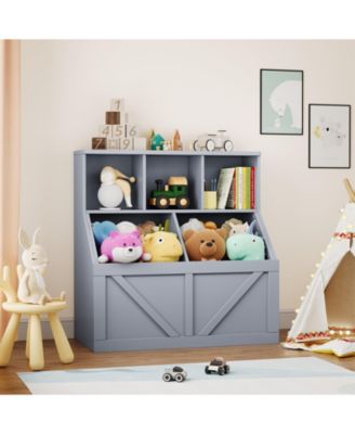 Kids Toy Storage Organizer and Bookshelf, Farmhouse Wood Cabinet with Open Cubbies and Bins, Anti Tip Safety Design