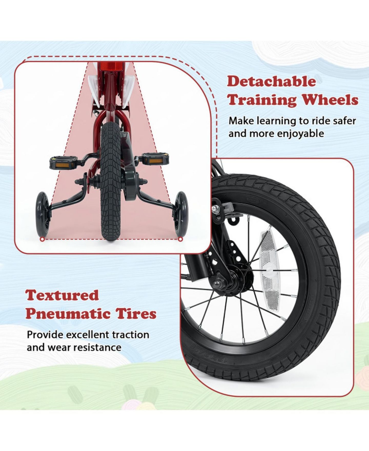 Детская игрушка HONGGE 12 in Motorcycle-Inspired Kids' Bike with Detachable Training Wheels, 143 lb Capacity, Ages 3-4, цвет: Красный — фото 5