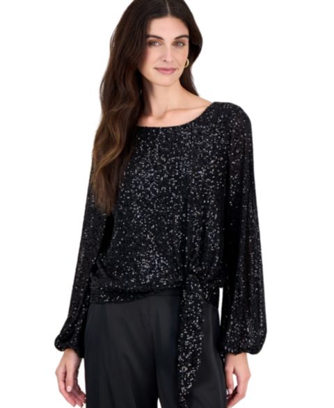 Женская блузка Tahari ASL Sequin Long-Sleeve, цвет: Чёрный