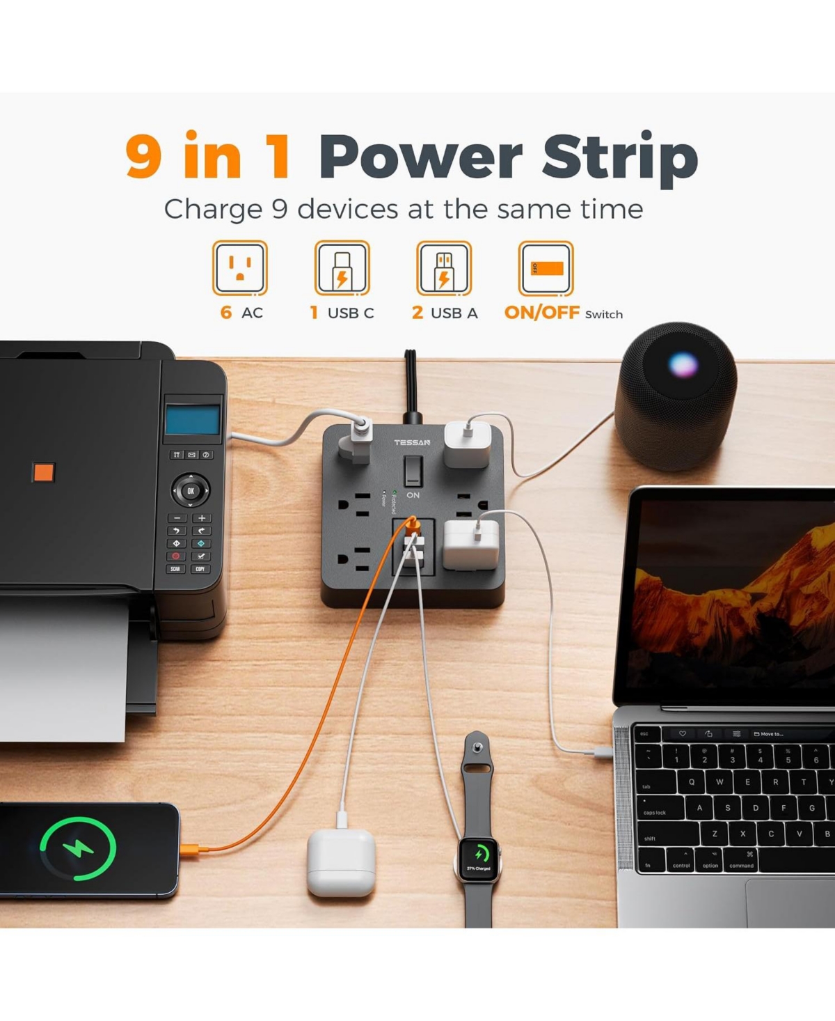 Tessan 5-Foot Surge Protector Power Strip with 6 Outlets and Usb Charging Ports Compatible with North American Plugs