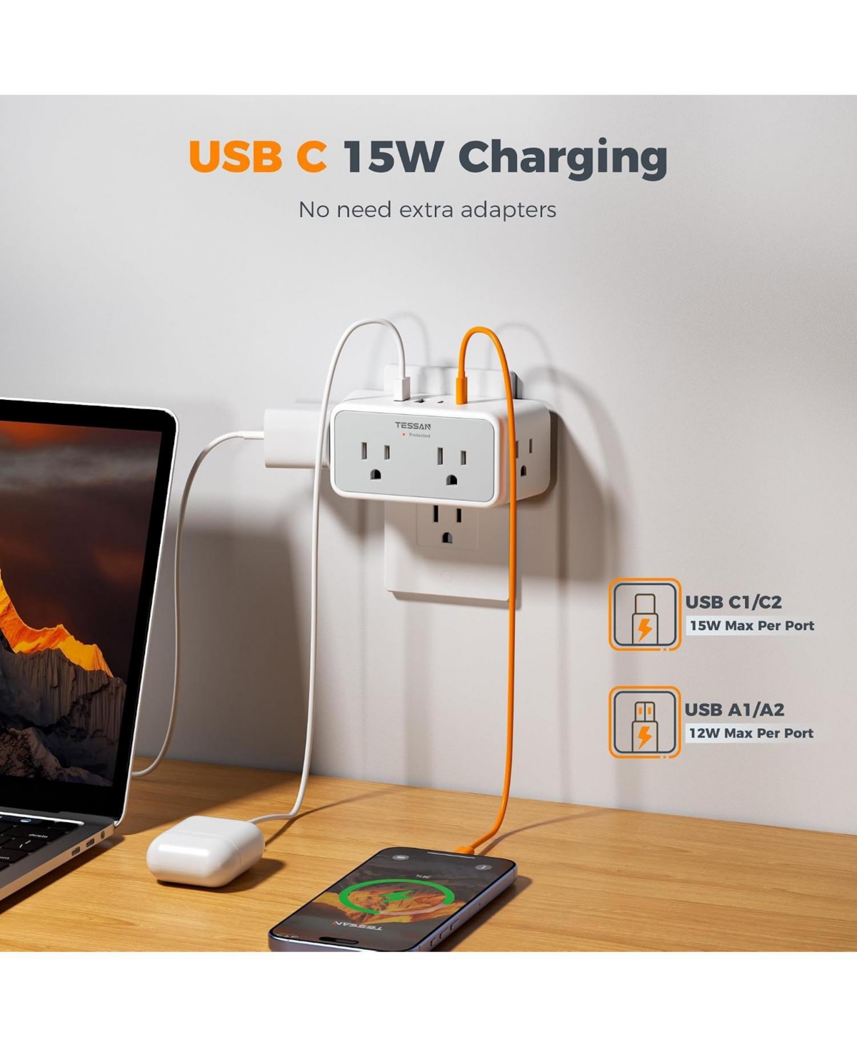 Tessan 4 Ac Outlets and 4 Usb Ports with Usb-c Outlet Extender for Compatible Devices
