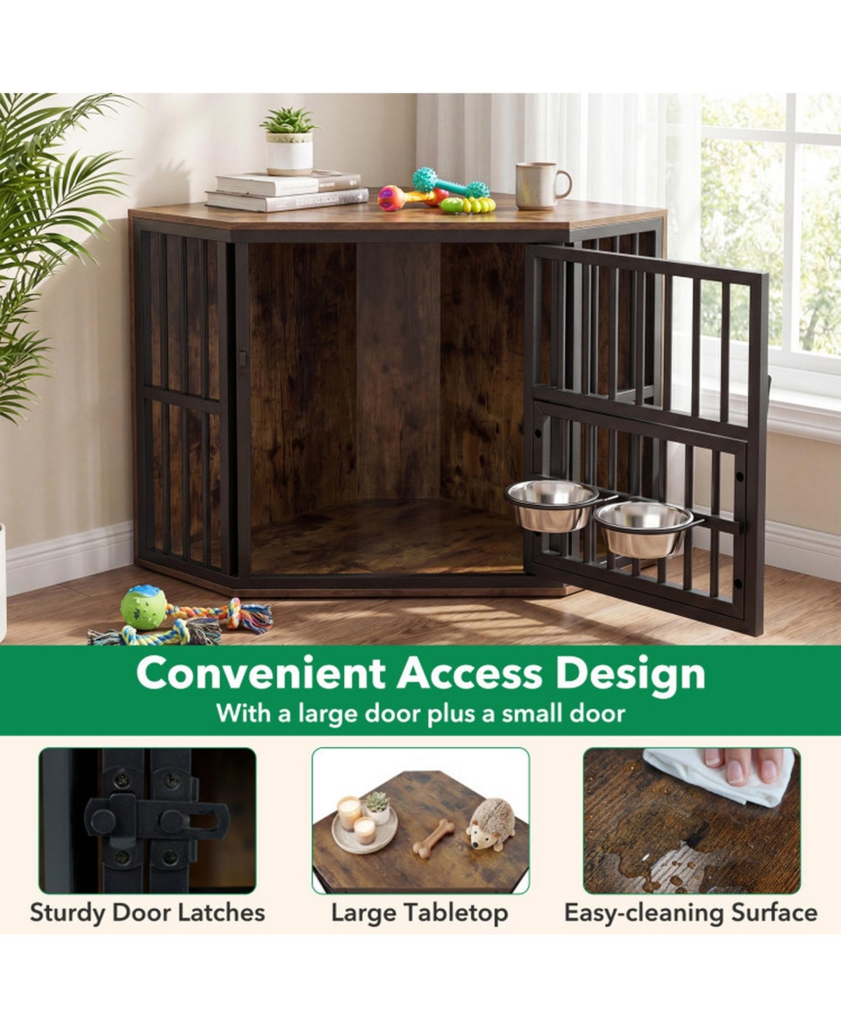 Sugift 35.5 in Wooden Dog Kennel End Table with 3-Position Dog Bowl Rack