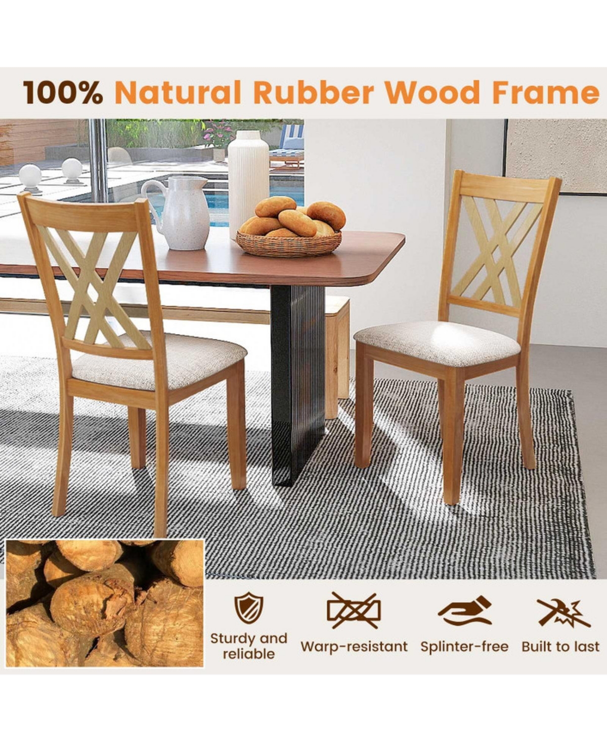 Sugift Set of 4 Linen Upholstered Wooden Dining Chairs with Rubber Wood Frame for Dining Room