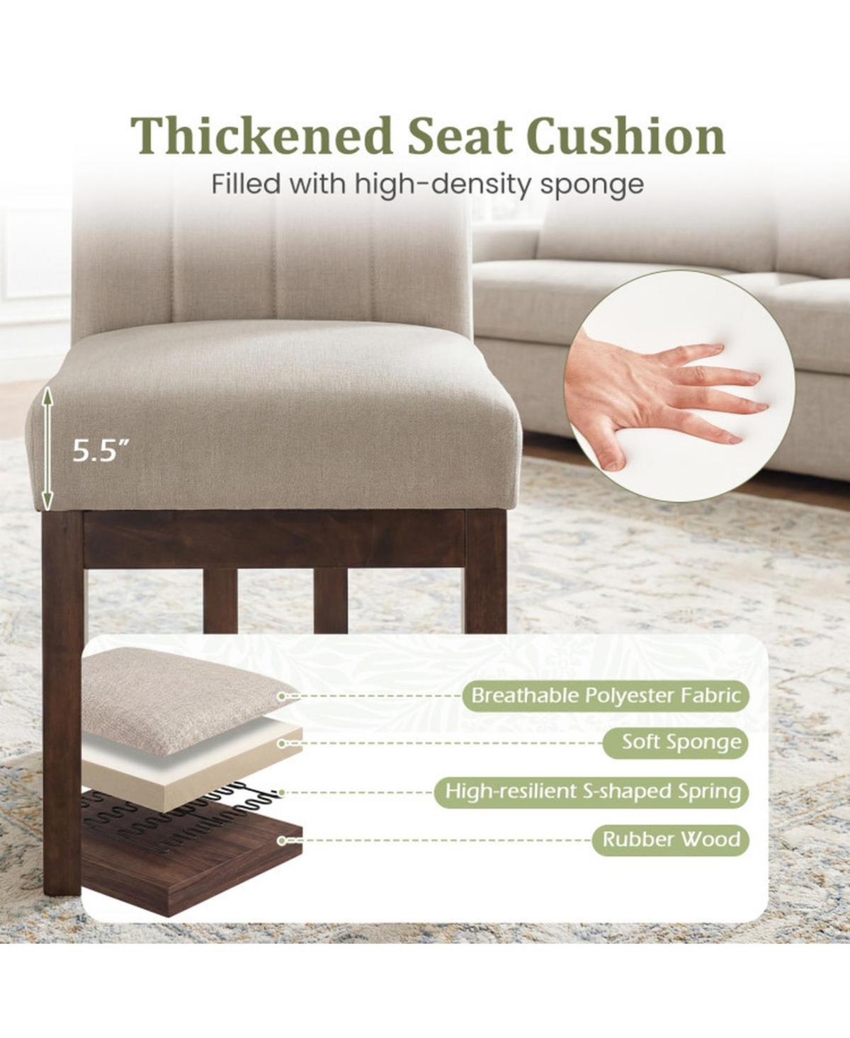 Sugift Modern Farmhouse Fabric Dining Chairs Set of 2 with 5.5 Inch Thickened Padded Seat
