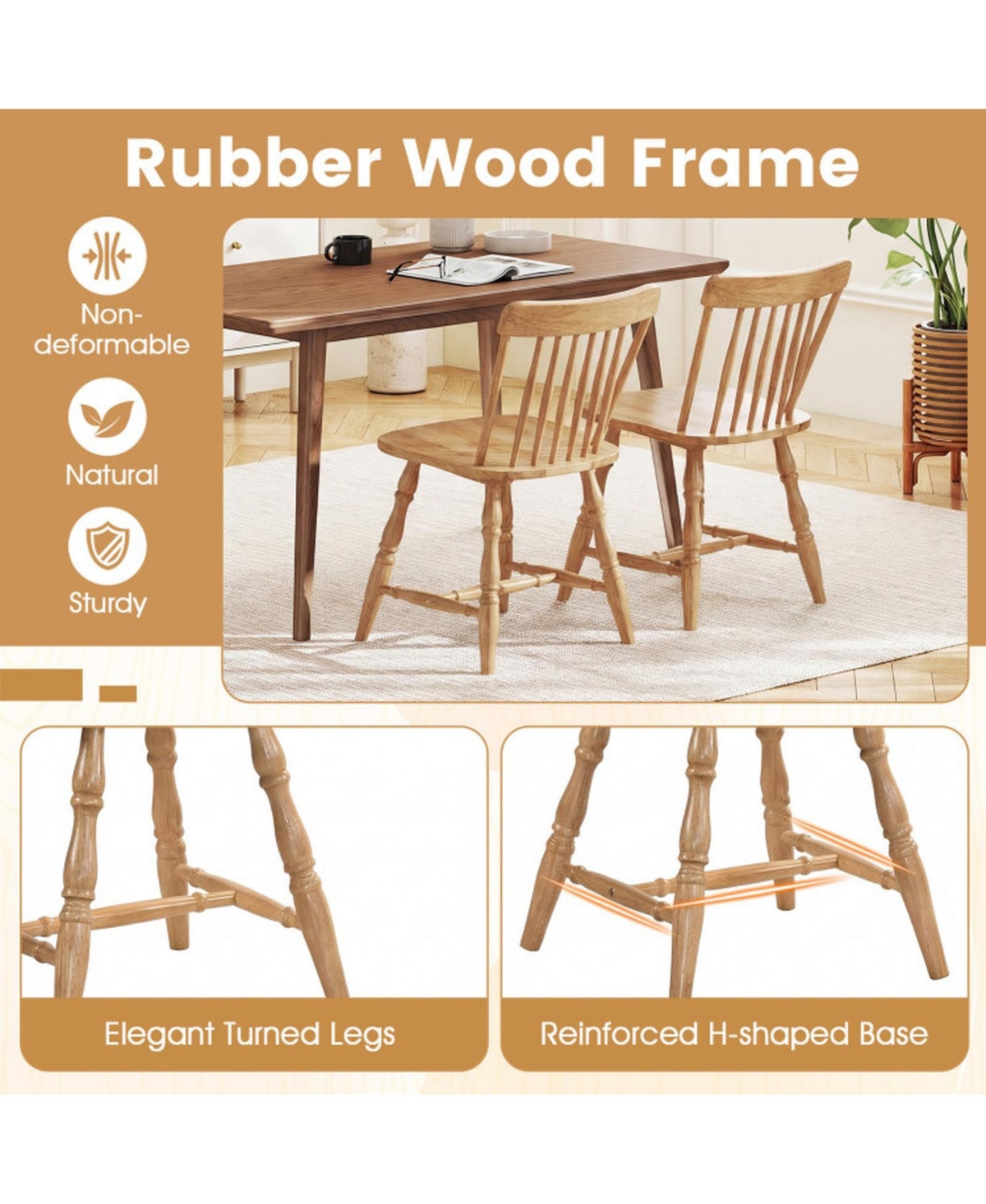 Sugift Set of 2 Windsor Dining Chairs with Curved Spindle Back Rubber Wood