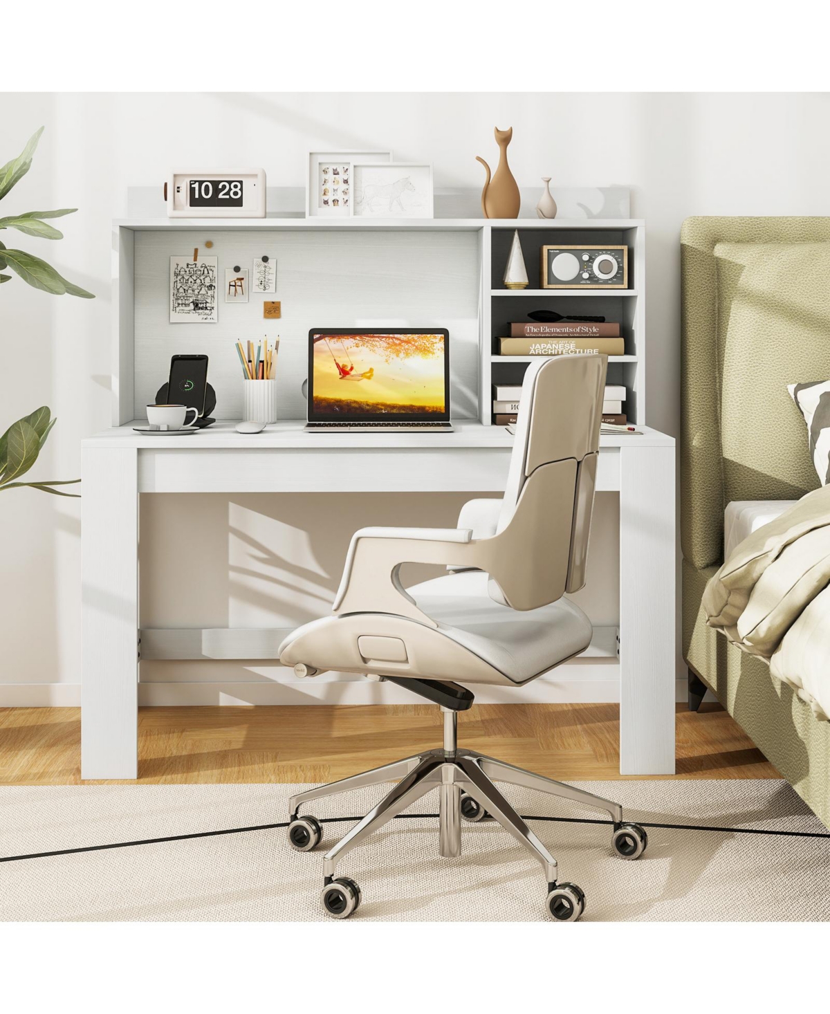 Sugift Modern Computer Desk with Hutch 3 Storage Shelves and Charging Station