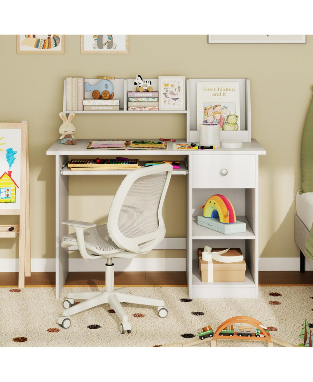 Sugift Kids Study Desk Writing Table with Hutch Drawer Shelves Keyboard Tray 35.5in x 18in x 35.5inch
