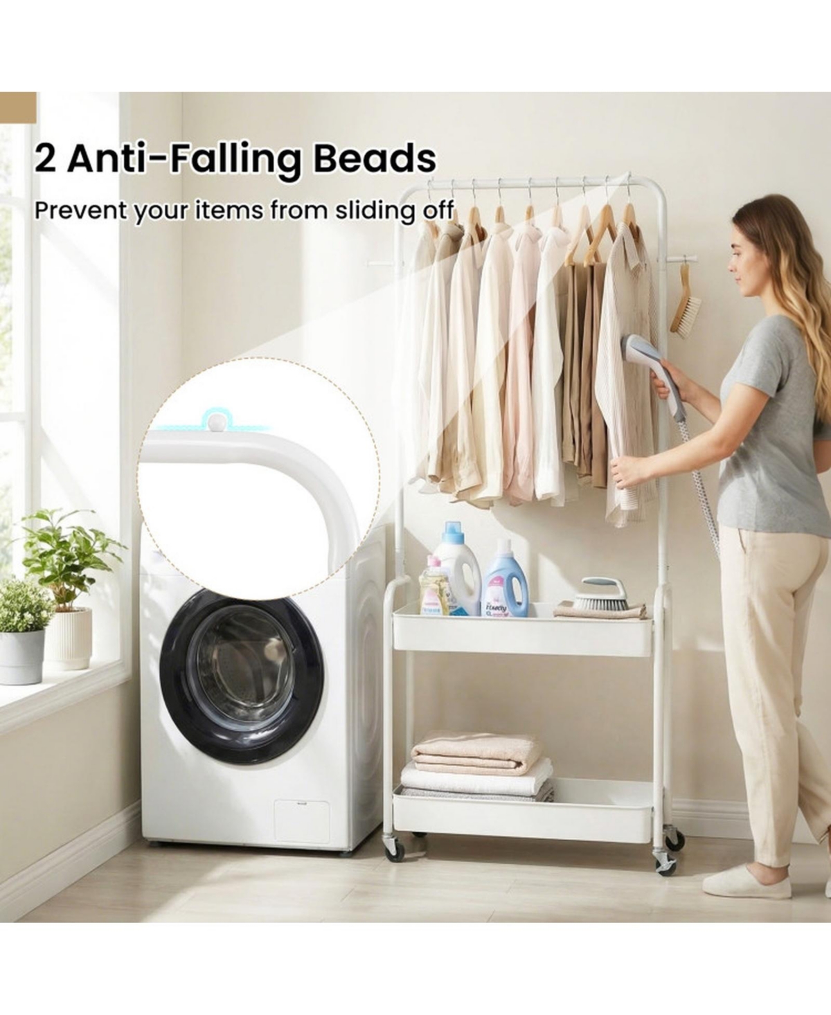 Sugift Heavy-Duty Laundry Cart with Hanging Rod 2 Storage Baskets and 2 Side Hooks for Bedroom