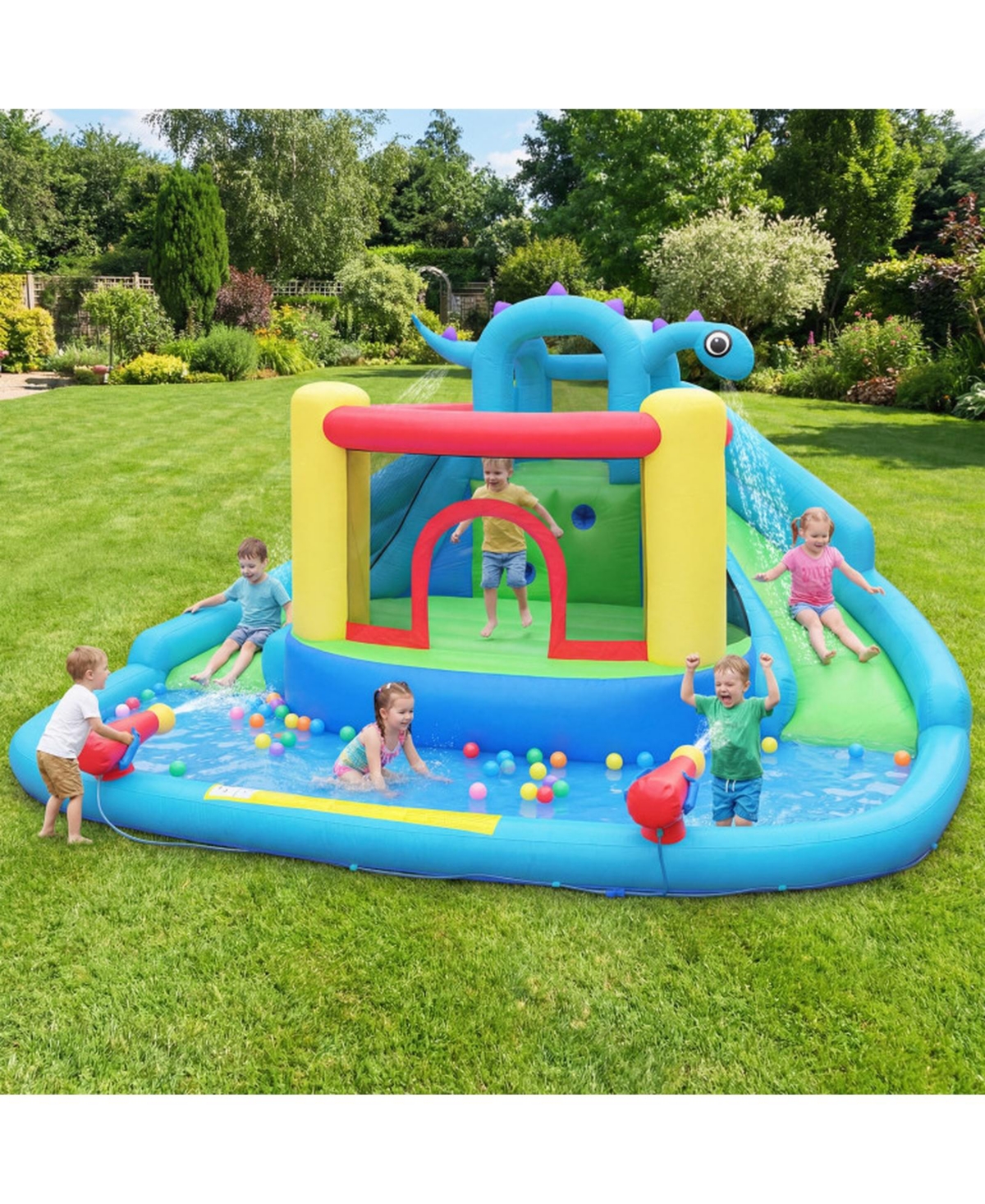 Hongge Dinosaur-Themed Double-Slide Inflatable Bounce House with Splash Pool, 158" x 136" x 82.5", For 3 Players, Ages 3-10
