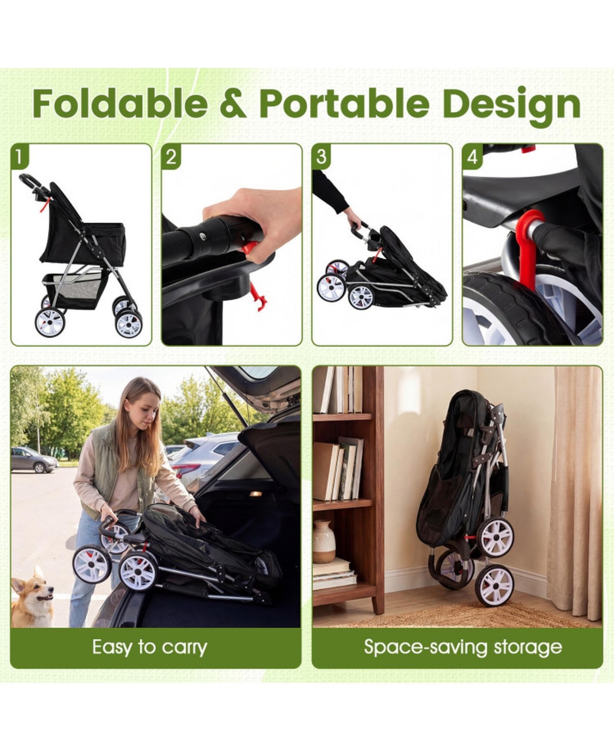 Hongge 4-Wheel Foldable Pet Stroller for Dogs up to 33 lbs