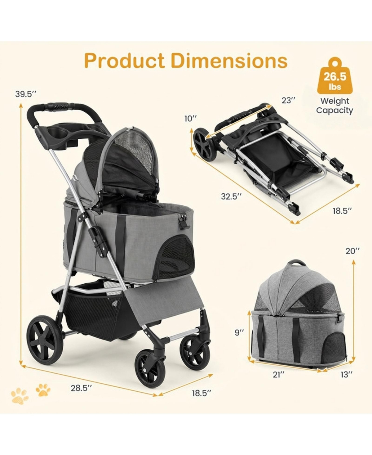 Hongge Compact 3-in-1 Pet Stroller Featuring a Detachable Carrier