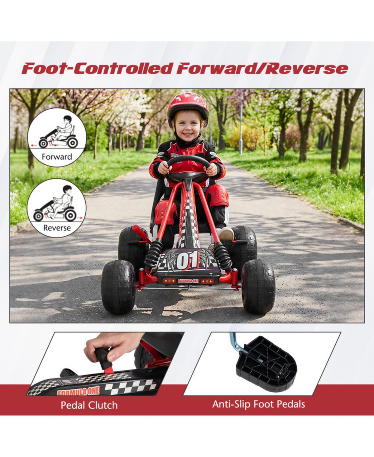 Hongge Pedal Go Kart with Adjustable Seat, Hand Brake and All-Terrain Wheels, 77 lb Capacity, Ages 3-8