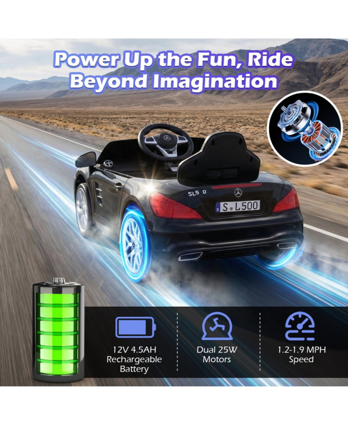 Hongge 12V Licensed Ride-On Luxury Car with Parent Remote Control, 41" x 25" x 18", 66 lbs, Ages 3-8