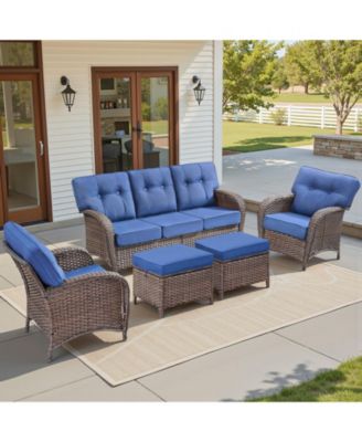 5 Pieces Patio Furniture Set, High Back Wicker Rattan Sofa with Thick Cushion and Ottoman, Outdoor Conversation Set