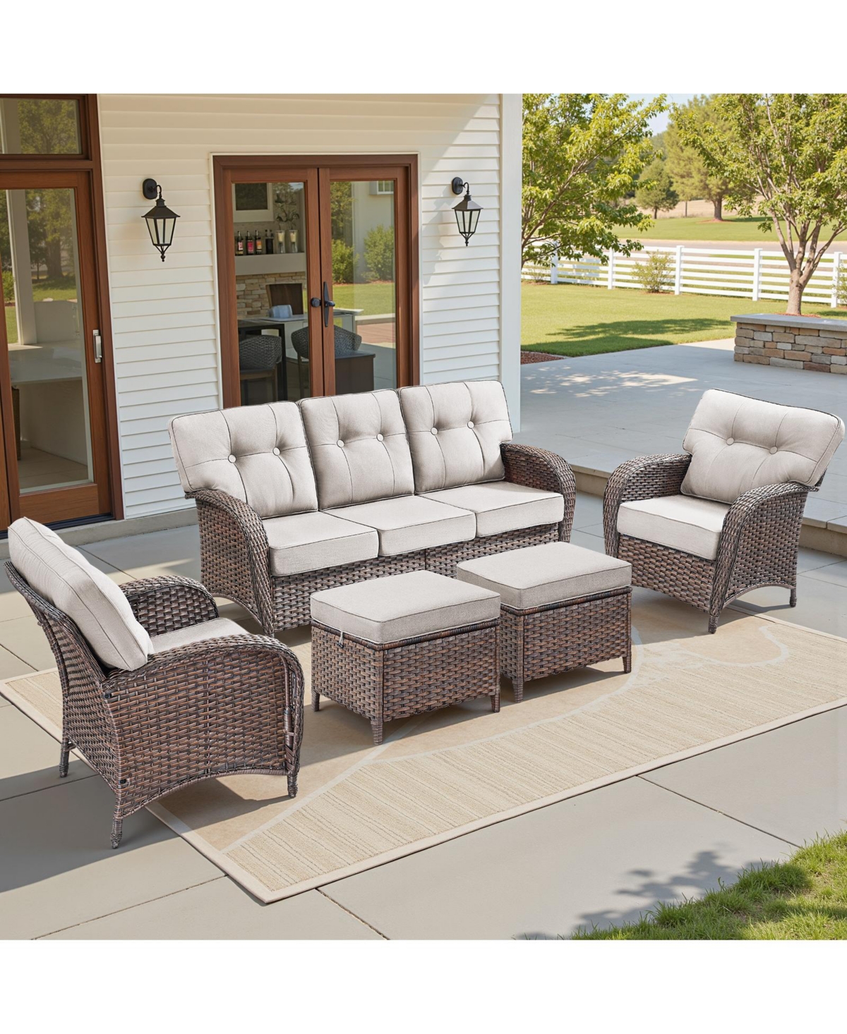 Pocassy 5 Pieces Patio Furniture Set, High Back Wicker Rattan Sofa with Thick Cushion and Ottoman, Outdoor Conversation Set