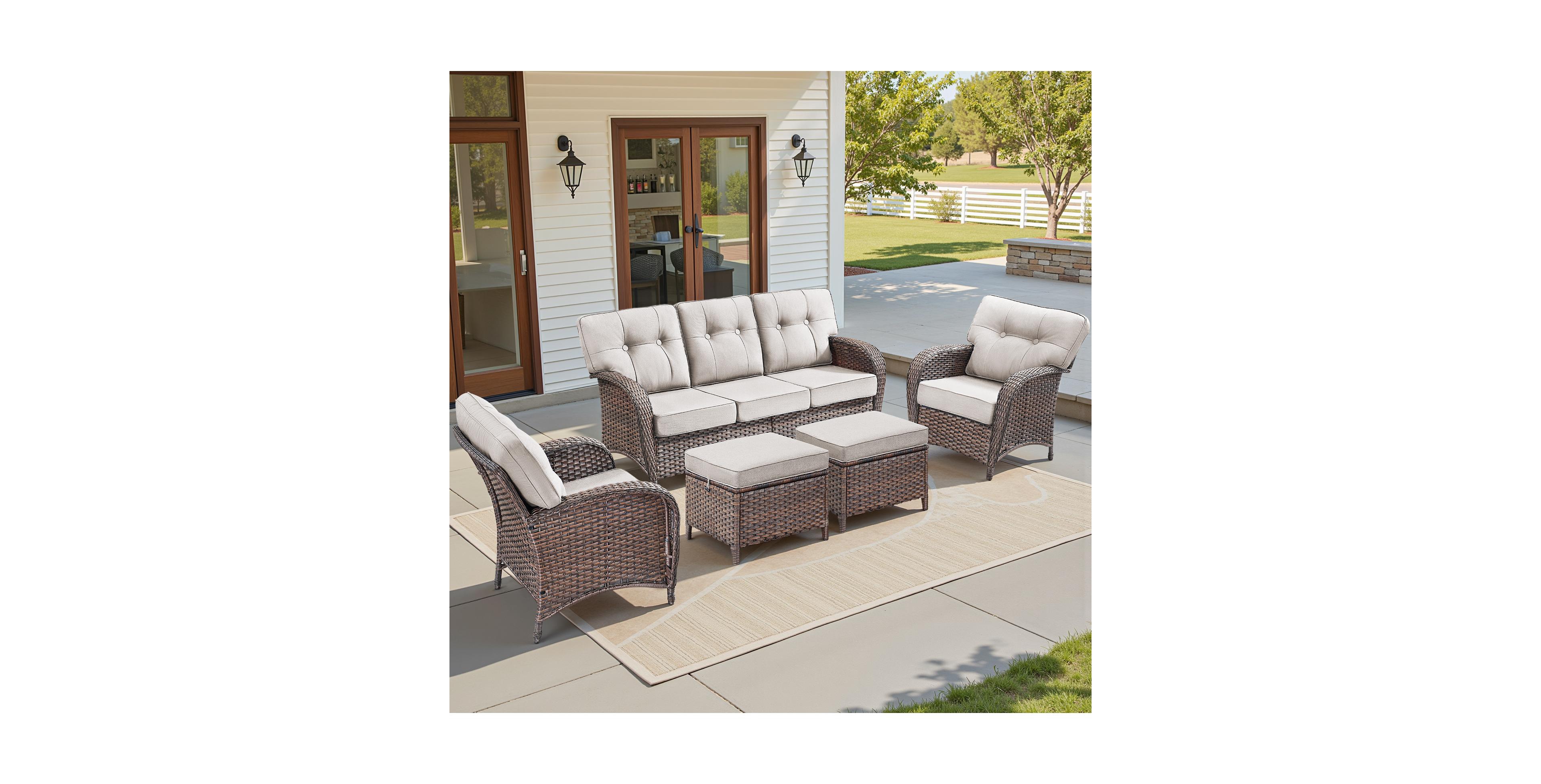 Pocassy 5 Pieces Patio Furniture Set, High Back Wicker Rattan Sofa with Thick Cushion and Ottoman, Outdoor Conversation Set