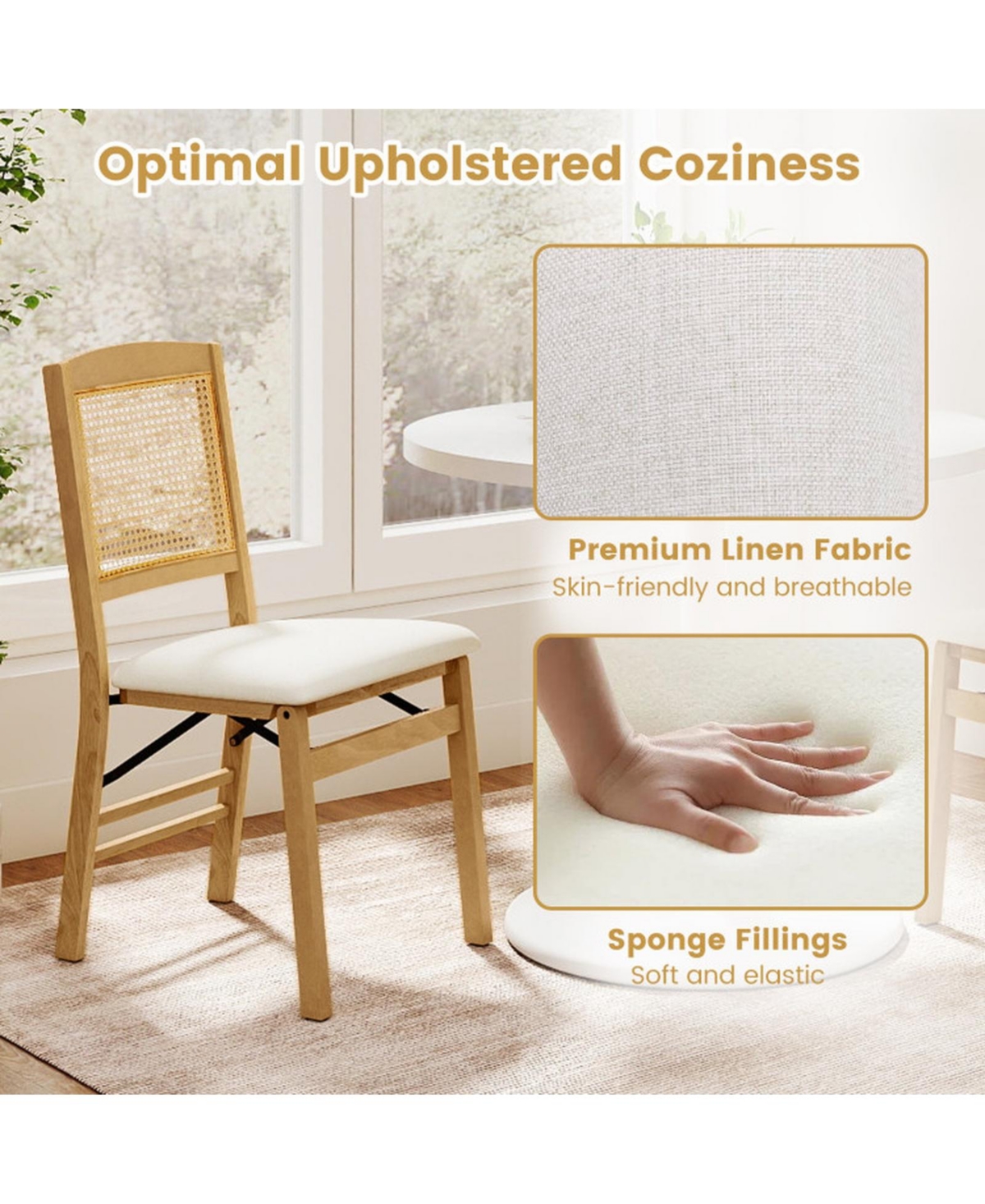 Sugift Set of 4 Folding Dining Chairs with Rubber Wood Frame and Linen Padded Seat