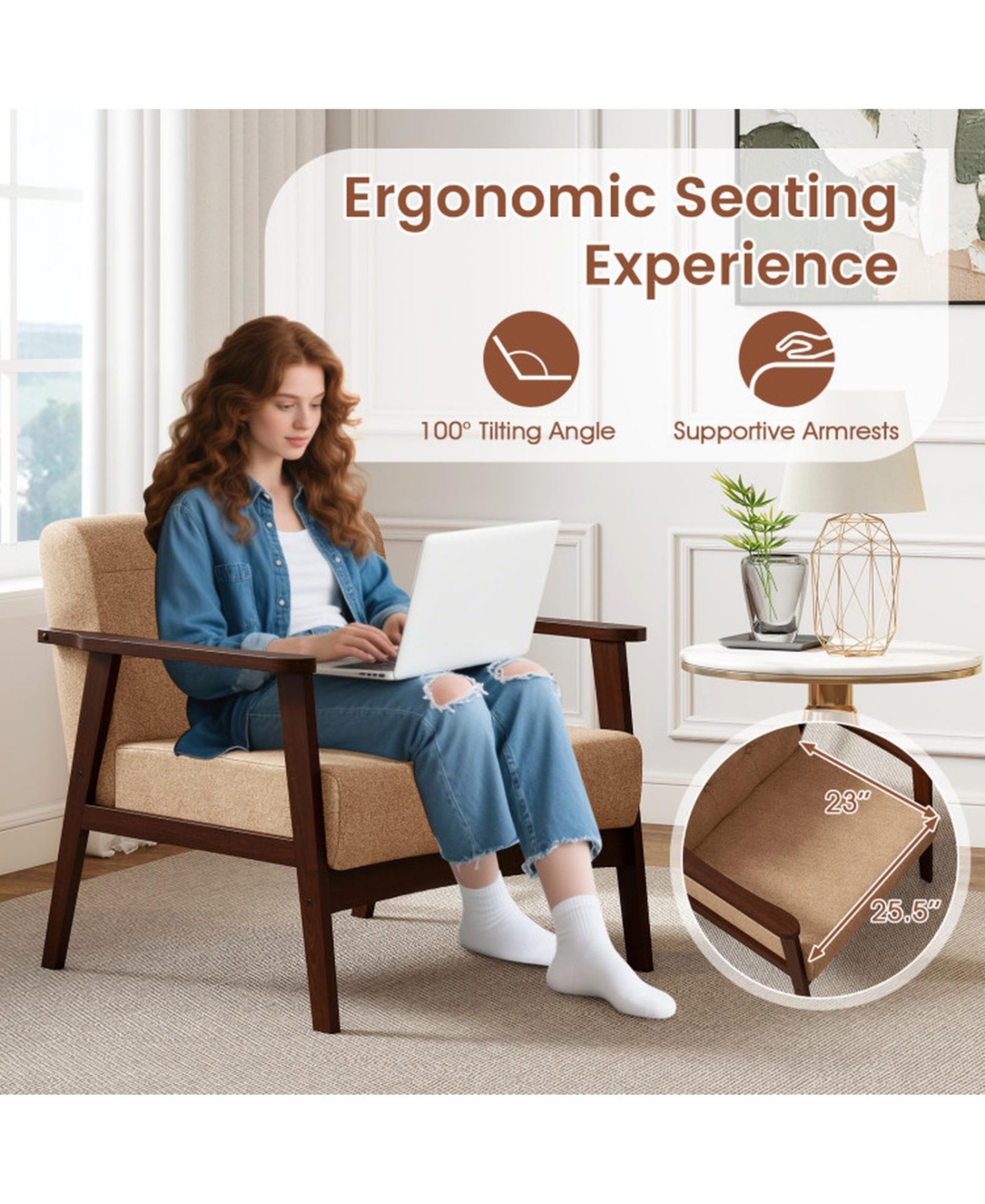 Sugift Rubber Wood Frame Accent Chair with Armrests for Living Room