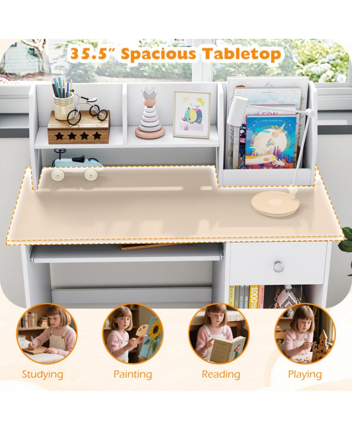 Sugift Kids Study Desk Writing Table with Hutch Drawer Shelves Keyboard Tray 35.5 x 18 x 35.5inch