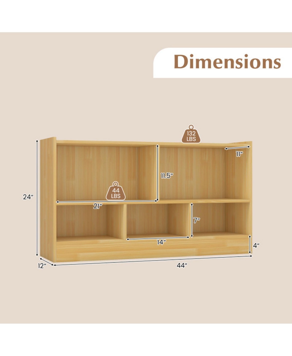 Gouun Kids 2-Shelf Bookcase 5-Cube Wood Toy Storage Cabinet Organizer