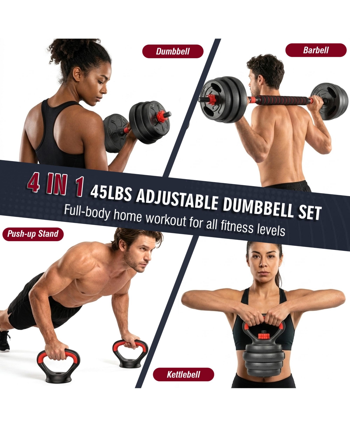 Zeny 66LB Adjustable Dumbbell Set, 4-in-1 Convertible Weights, Dumbbells, Barbell, Kettlebells for Home Gym Workouts