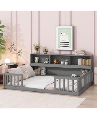 Full Floor Bed with Side Bookcase,Shelves,Guardrails