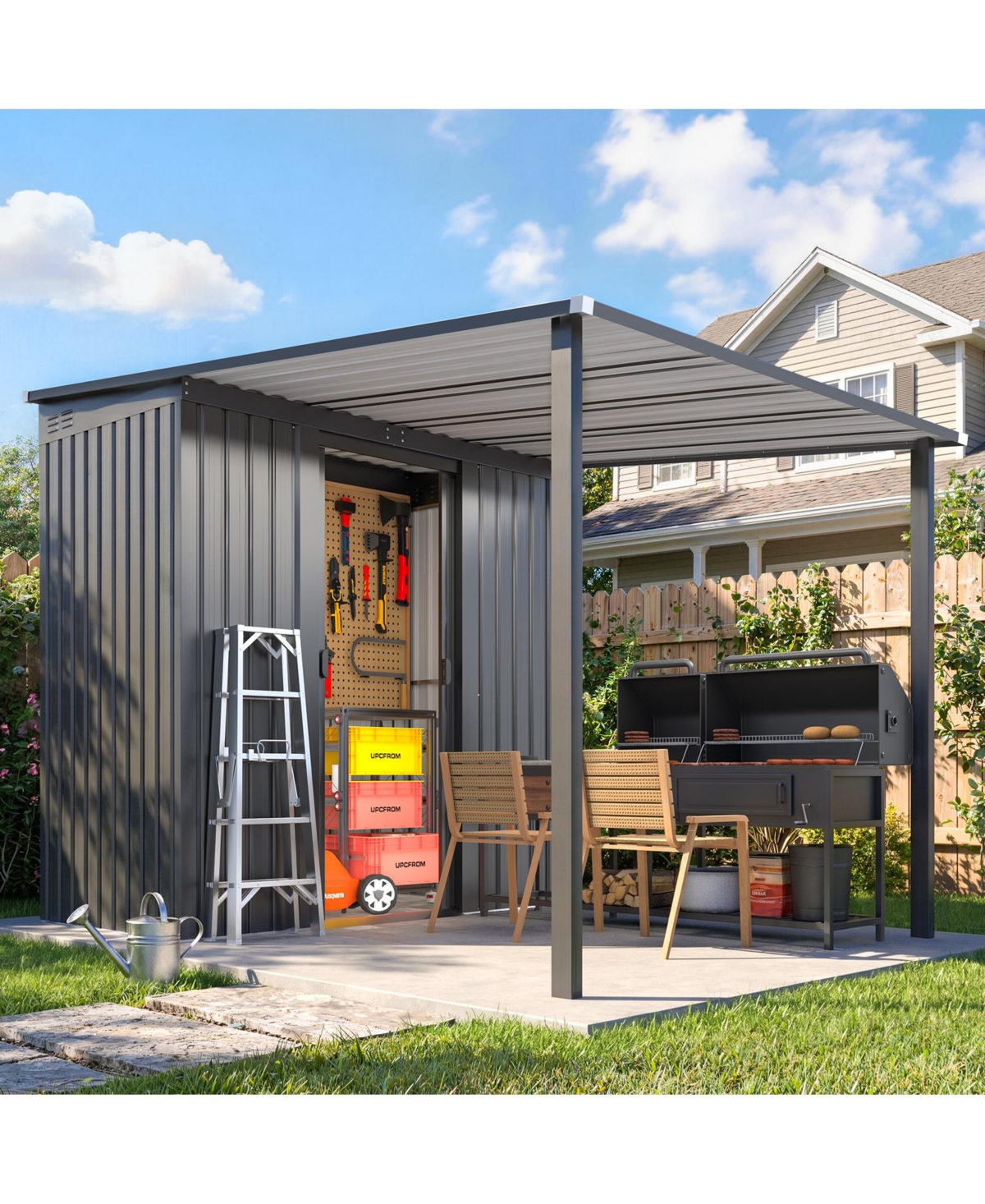 Aecojoy 8x5 Metal Grill Gazebo and Lean to Storage Shed Lockable Sliding Doors All Weather