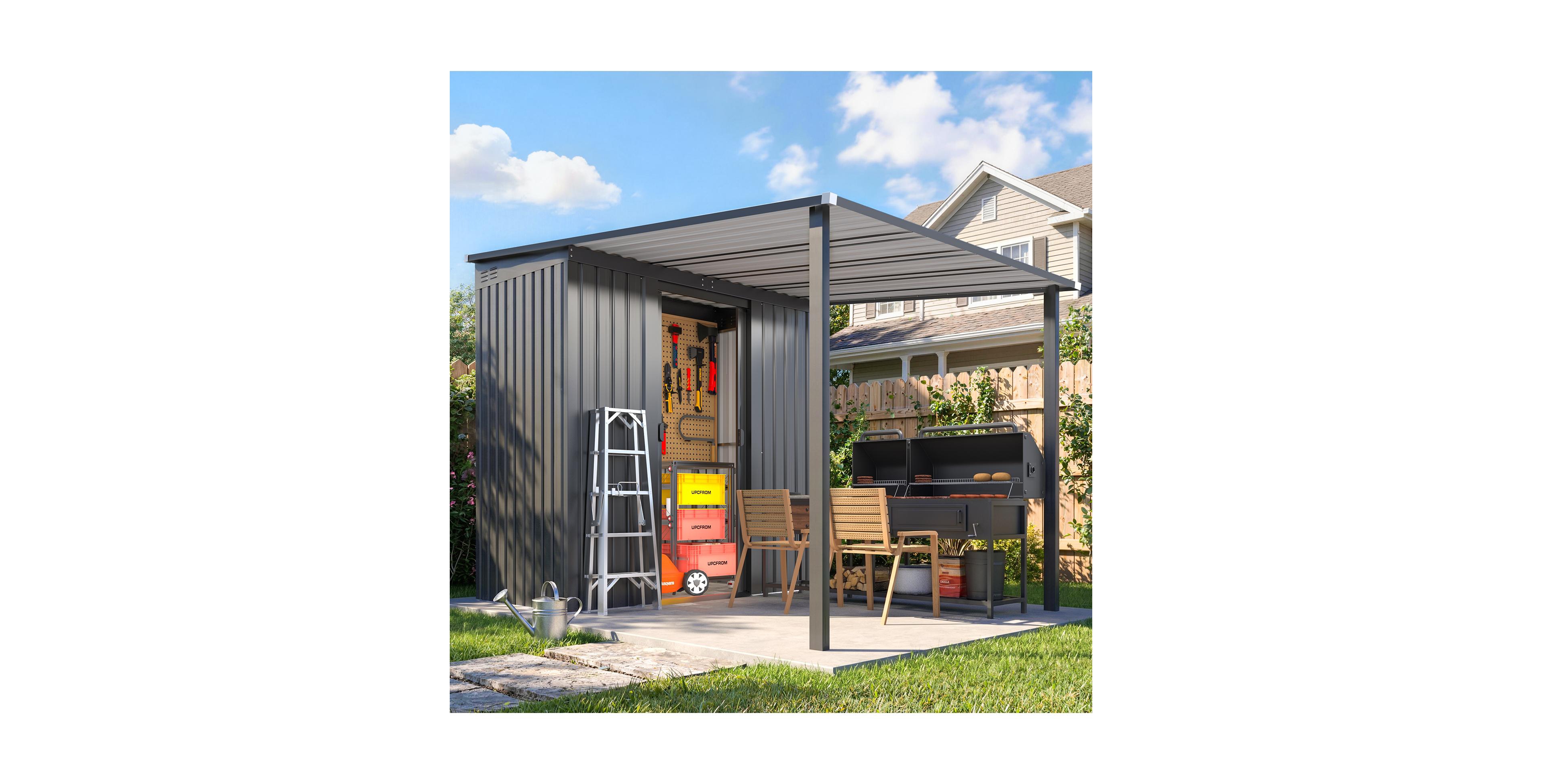 Aecojoy 8x5 Metal Grill Gazebo and Lean to Storage Shed Lockable Sliding Doors All Weather