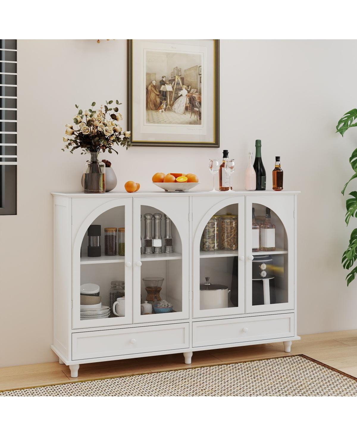Streamdale Furniture Arched Glass Sideboard Buffet Cabinet with 2 Drawers and 4 Doors - White