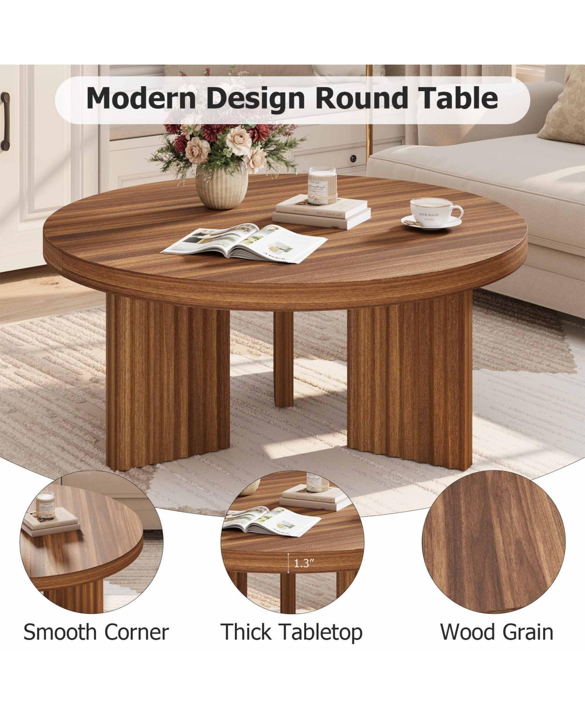 gaomon 33.5-Inch Round Wood Coffee Table for Small Spaces, Living Room Center Table