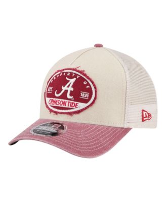 Men's  Stone/Crimson Alabama Crimson Tide Frayed Patch 9FORTY M-Crown A-Frame Trucker Adjustable Hat
