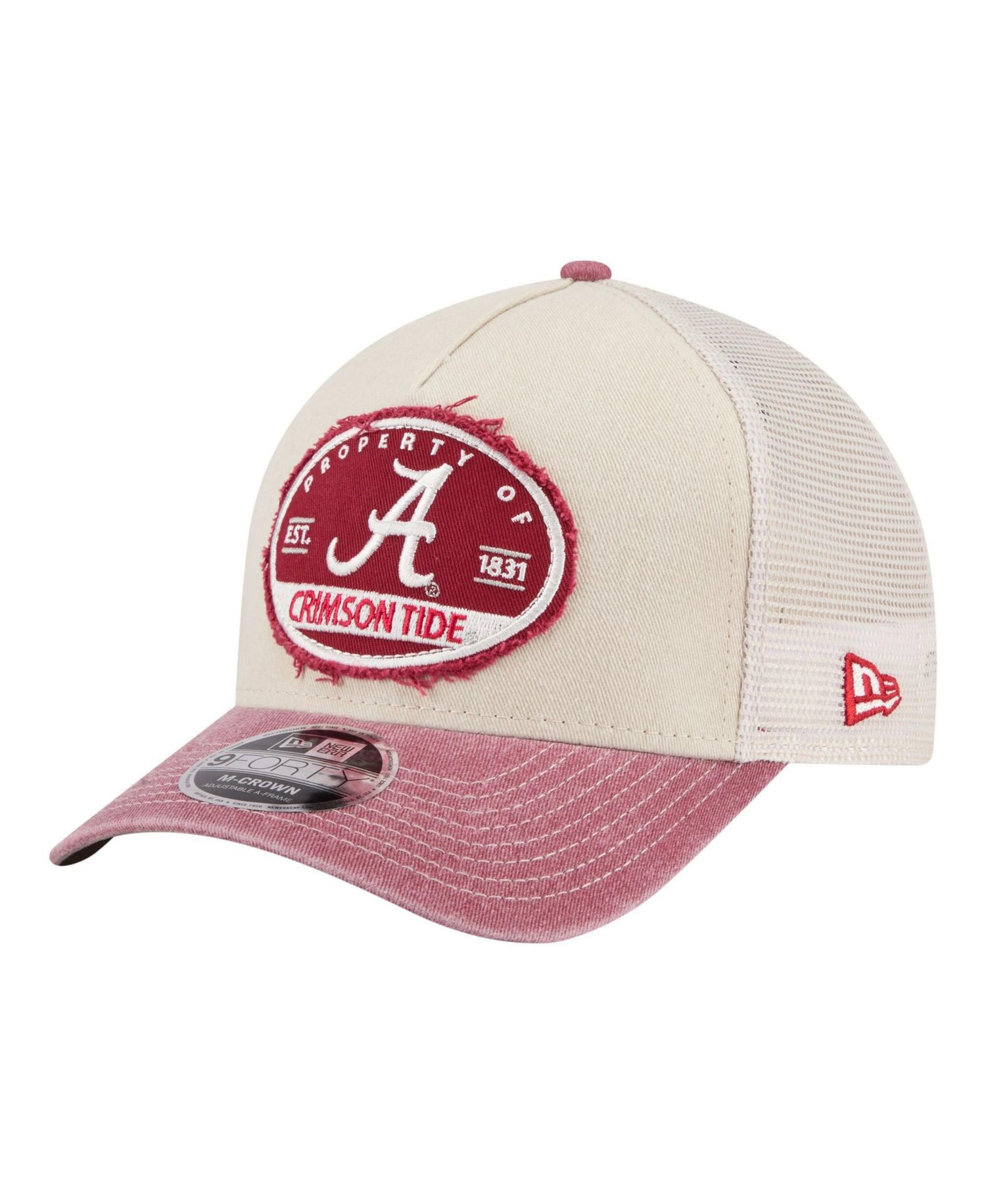 Men's Stone/Crimson Alabama Crimson Tide Frayed Patch 9FORTY M-Crown A-Frame Trucker Adjustable Hat