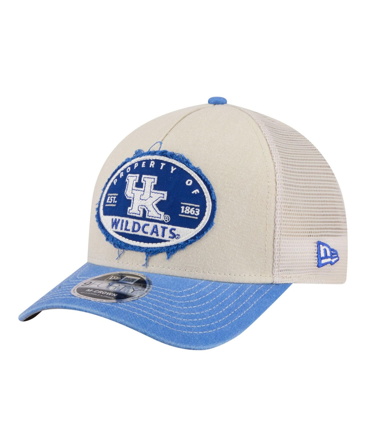 Мужская кепка New Era Stone/Royal Kentucky Wildcats Frayed Patch 9FORTY M-Crown A-Frame Trucker Adjustable Hat — фото 1