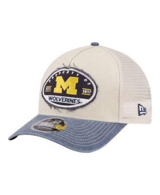 Men's Stone/Navy Michigan Wolverines Frayed Patch 9FORTY M-Crown A-Frame Trucker Adjustable Hat