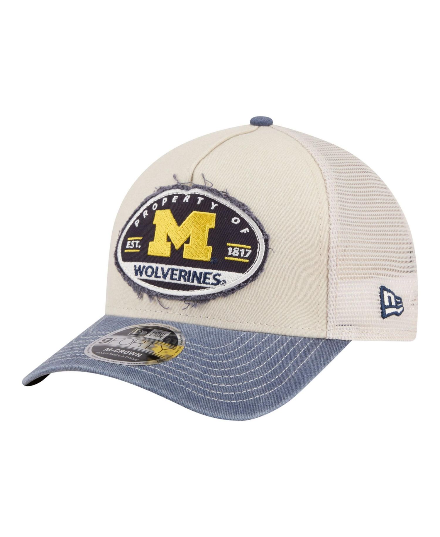 Men's Stone/Navy Michigan Wolverines Frayed Patch 9FORTY M-Crown A-Frame Trucker Adjustable Hat