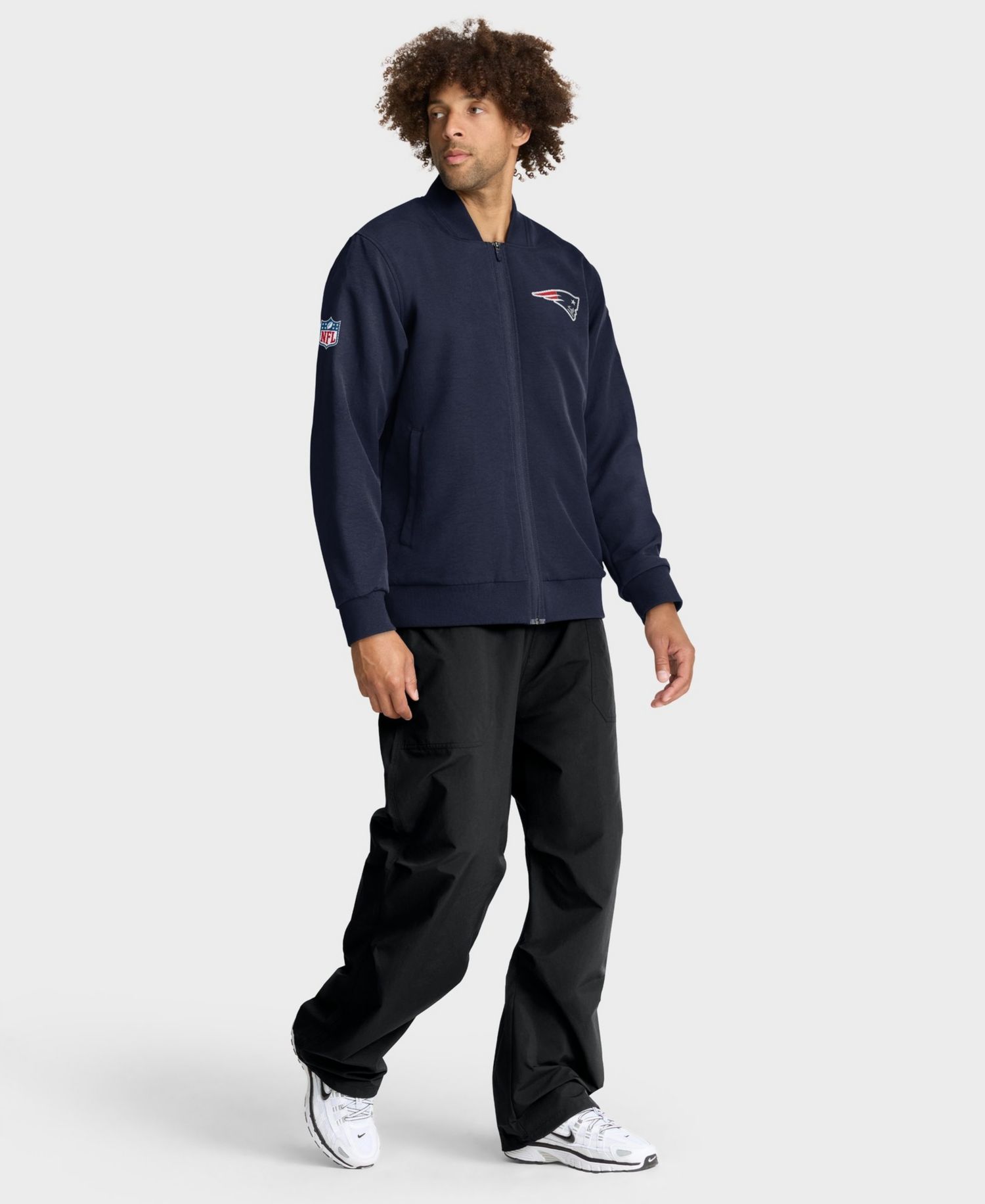Men's Navy New England Patriots Sideline Powerful Blocking Full-Zip Dri-FIT Bomber Jacket