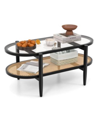 2-Tier Coffee Table Tempered Glass Top with PE Rattan Shelf and Acacia Wood Frame