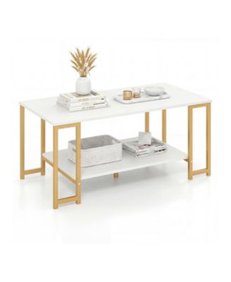 39.5 Inch 2-Tier Accent Coffee Table with Raised Storage Shelf